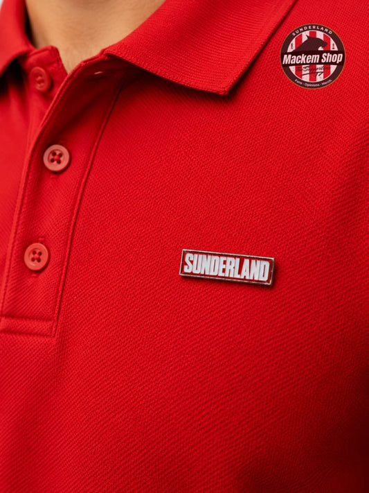 Red polo shirt with 'Sunderland' pin and MackemShop logo.