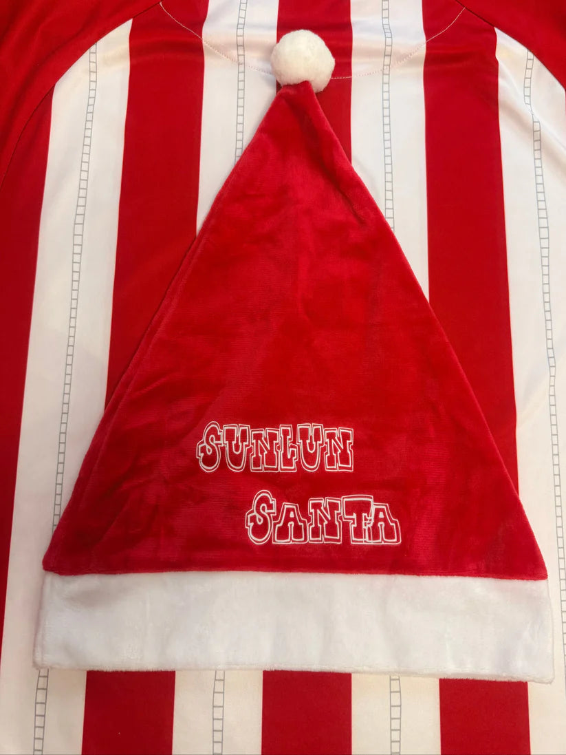 Red Santa hat with 'Sunlun Santa' text on a red and white striped background