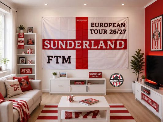A large Sunderland AFC football club flag with a red St. George's cross on a white background, featuring 'EUROPEAN TOUR 26/27' and 'SUNDERLAND' by MackemShop.