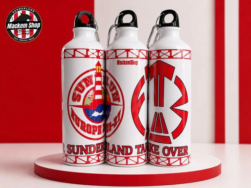 Three white water bottles with red and black graphics, displayed on a red and white pedestal. The bottles feature the 'Sunlun European 2021' and 'Sunderland Take Over' designs, with the MackemShop logo visible on the bottles and as an overlay in the top left corner.