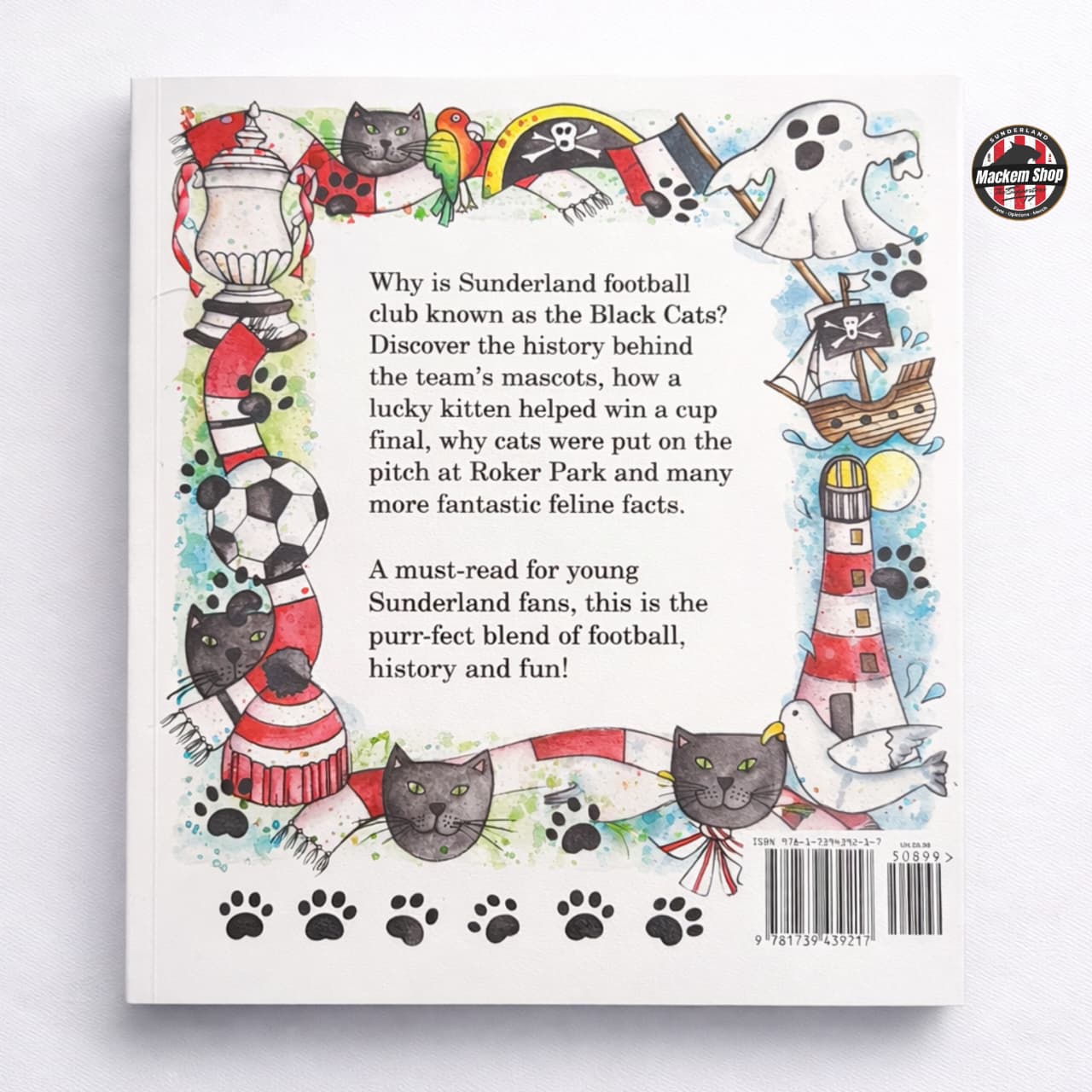 Book page with illustrations of cats and text about Sunderland football club and their cat mascots.