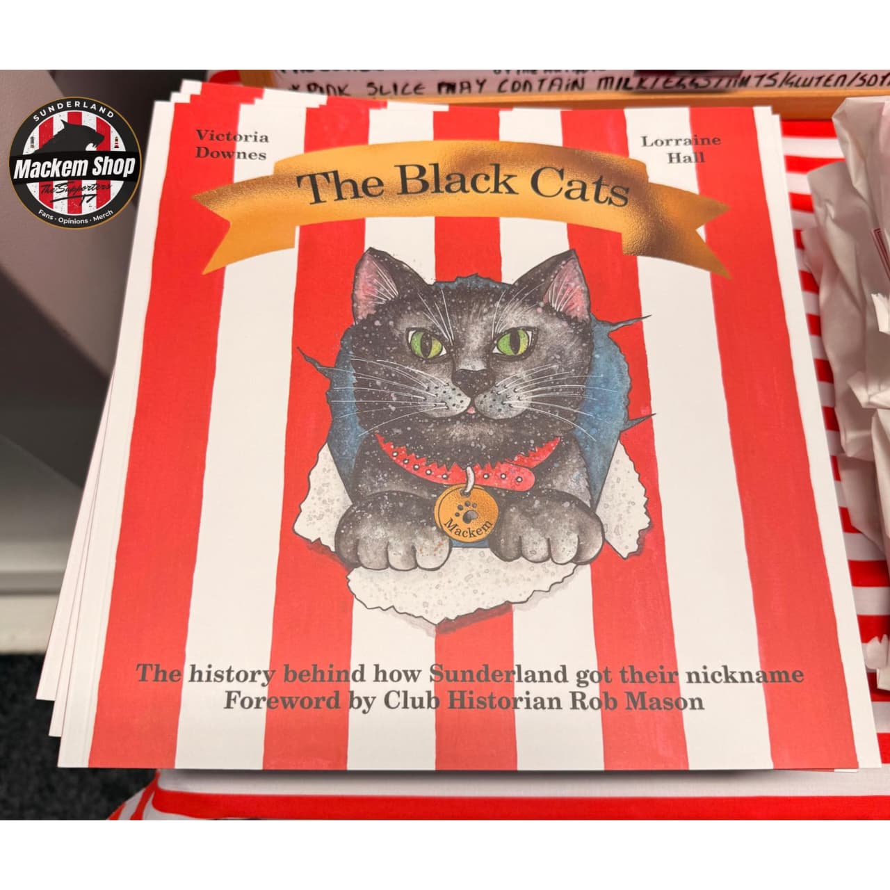 Book titled 'The Black Cats' with a cat illustration on a red and white striped background.