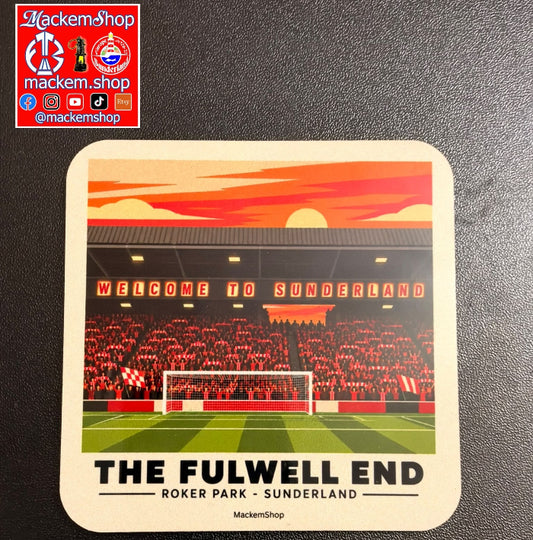 A square coaster with rounded corners featuring a stylized illustration of Roker Park stadium in Sunderland, with the text 'WELCOME TO SUNDERLAND' and 'THE FULWELL END'. The coaster is photographed on a dark textured surface, with a red and white MackemShop logo overlay in the top-left corner.