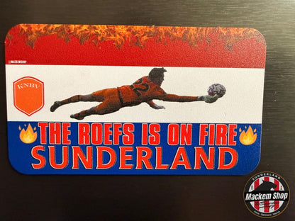 Soccer-themed product with a player diving for the ball, text 'The Roefs is on Fire Sunderland', and branding elements.