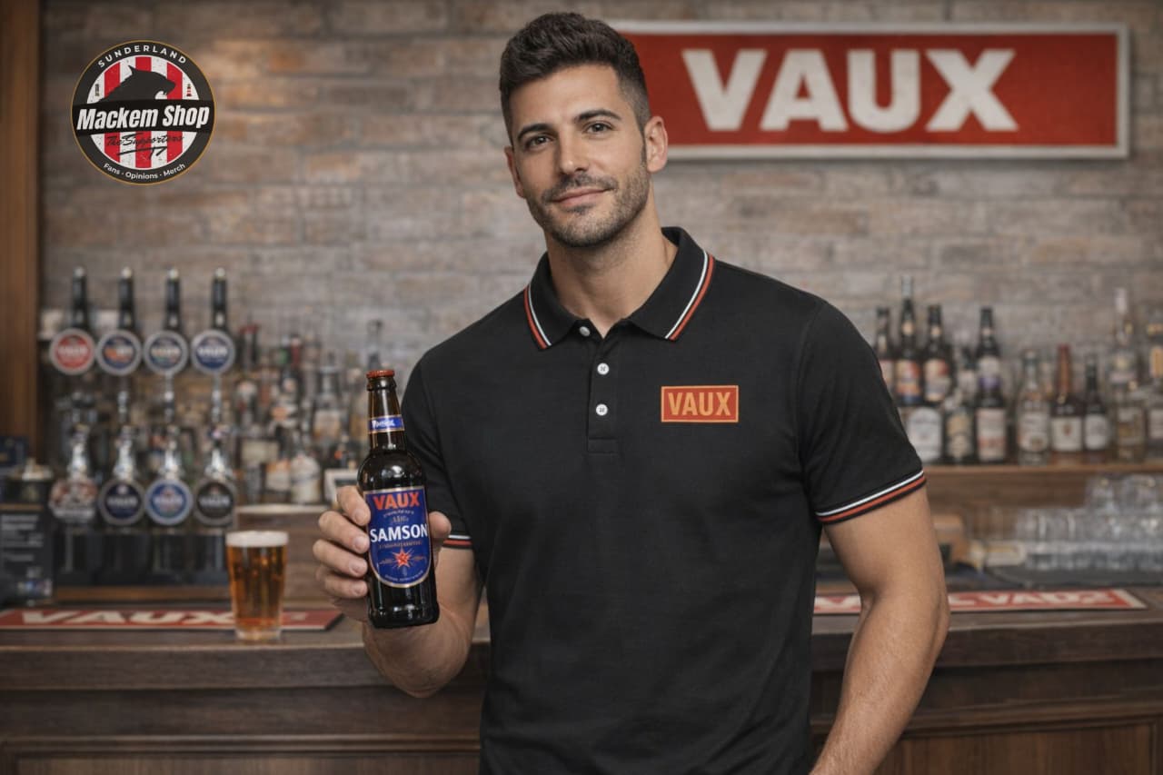 Man holding a Vaux beer bottle in a bar while wearing VAUX polo shirt in a setting with Vaux branding visible.
