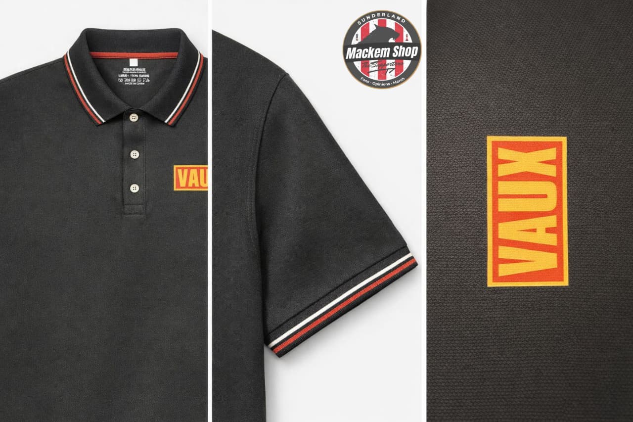Black polo shirt with 'VAUX' logo on a Black background