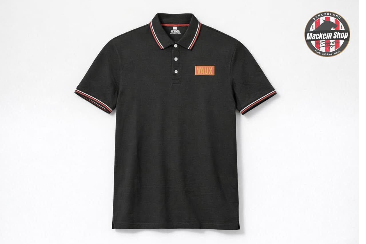 VAUX Black polo shirt with Mackemshop logo on a white background