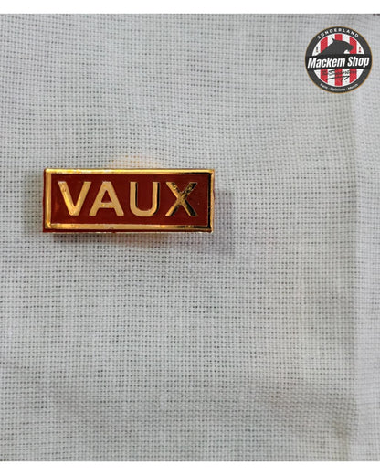 Pin with 'VAUX' text on a textured gray background