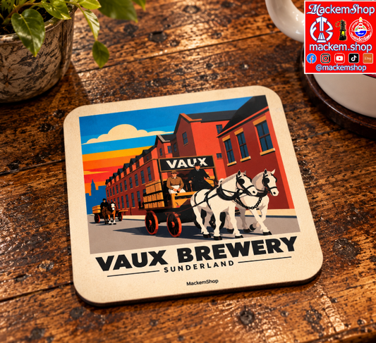 A square coaster featuring a vintage-style Vaux Brewery Sunderland illustration, placed on a rustic wooden table next to a plant and a white cup. The coaster has rounded corners and displays the Vaux Brewery Sunderland graphic with a horse-drawn carriage scene.