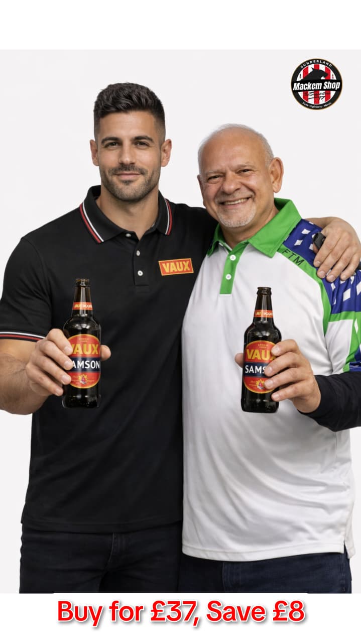 Two men Enjoying Bear while wearing VAUX and 1992 Tribute Golf Polo Tshirts.