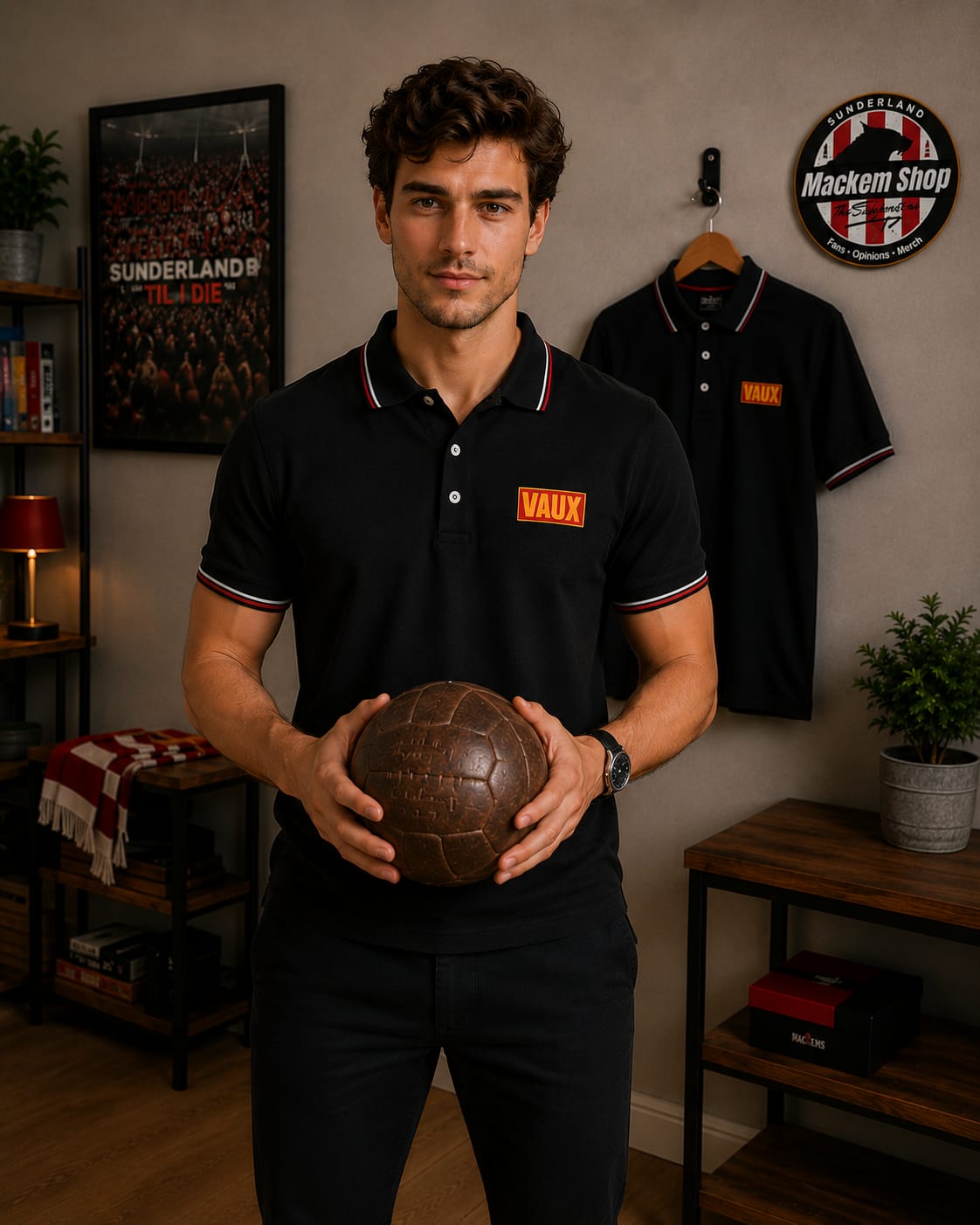 Black Polo with Vaux Branding on it by Mackem Shop.