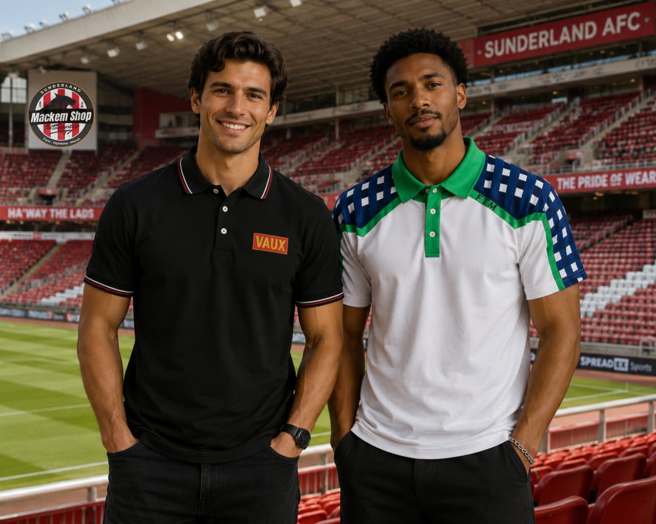 Two men on stands in a Football Stadium wearing Vaux and 1992 Golf polo shirts by Mackem Shop.