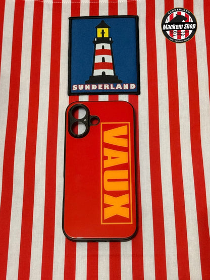 Phone case with 'VAUX' branding and a Sunderland lighthouse patch on a red and white striped background.
