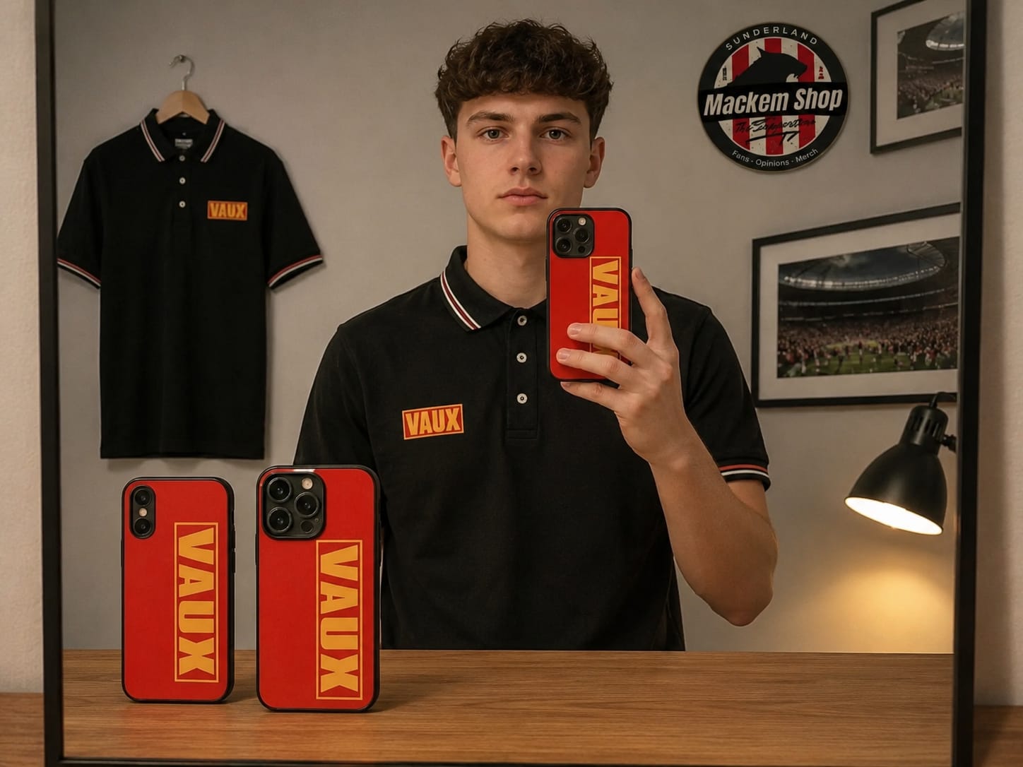 Person holding a red phone case with 'VAUX' branding in a room with a mirror reflecting a polo shirt.