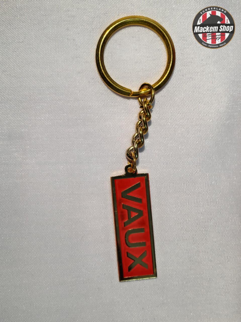 Keychain with 'VAUX' logo on a gray background