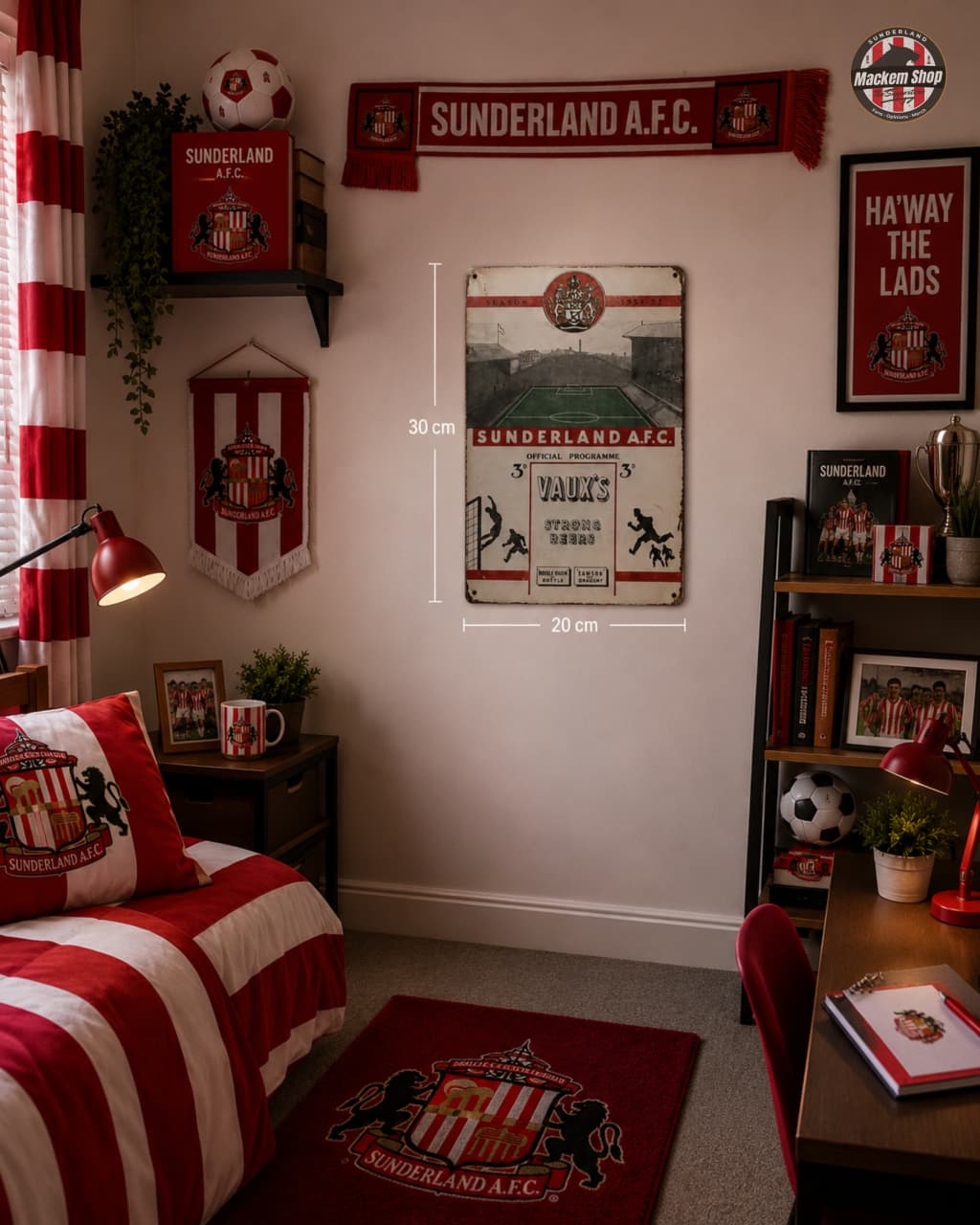 Room interior with Sunderland A.F.C metal sign and decor, including a poster and flags.