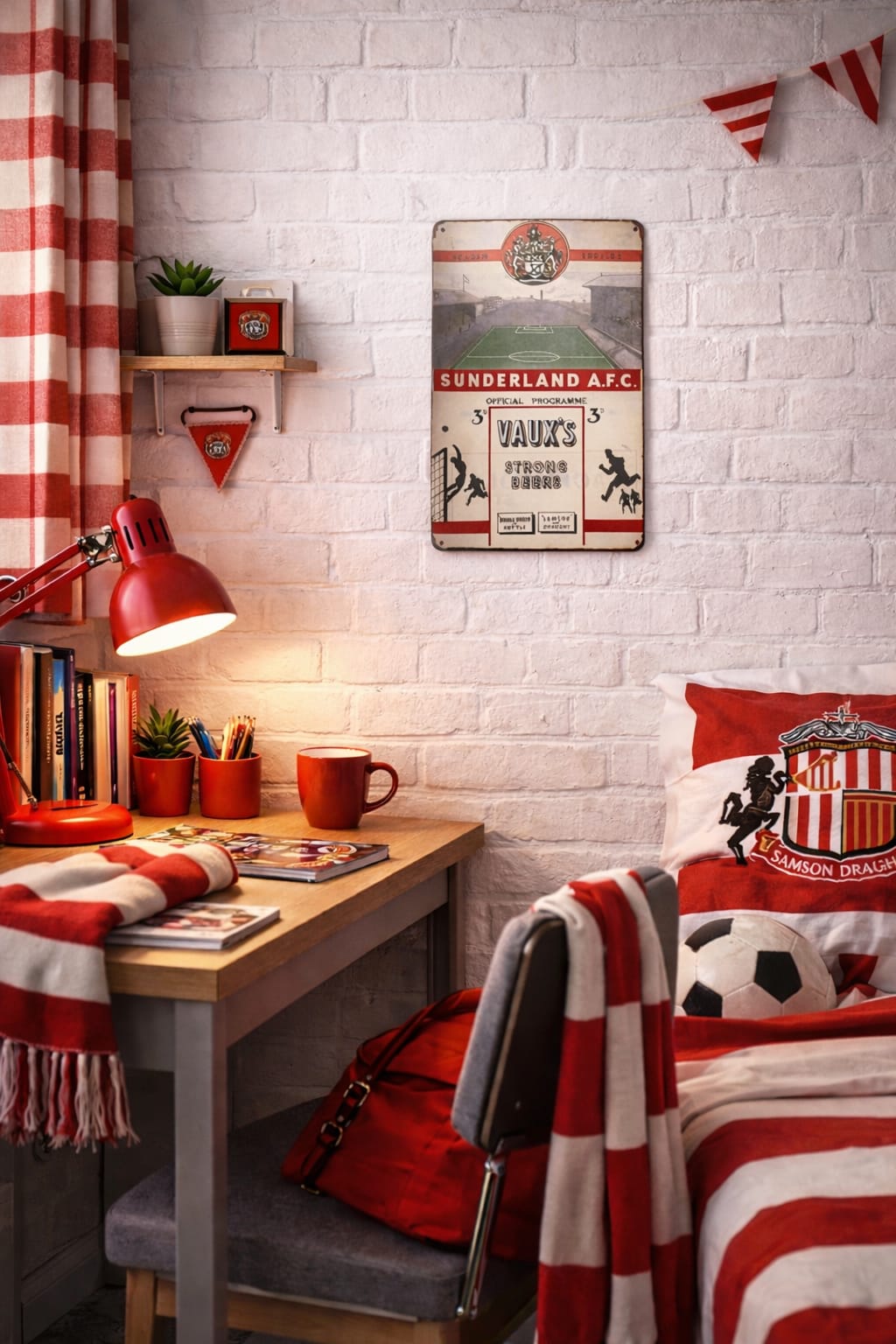 Room interior with a desk, chair, and bed with sports-themed bedding and decor.