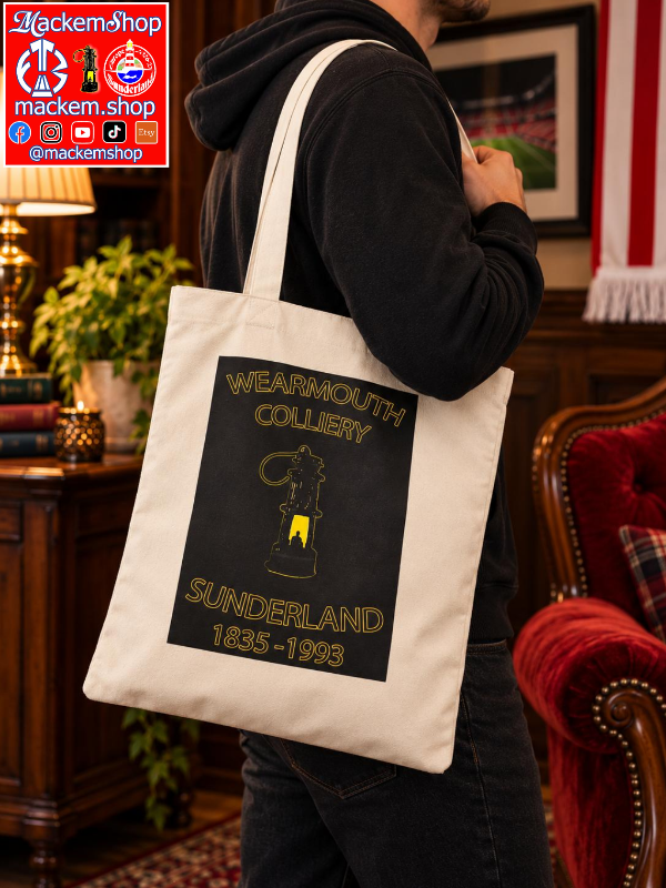 A tote bag with Wearmouth Colliery Sunderland 1835- 1993 and a lamp inside a patchwork, with MackemShop Logo.