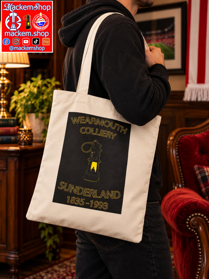 A tote bag with Wearmouth Colliery Sunderland 1835- 1993 and a lamp inside a patchwork, with MackemShop Logo.