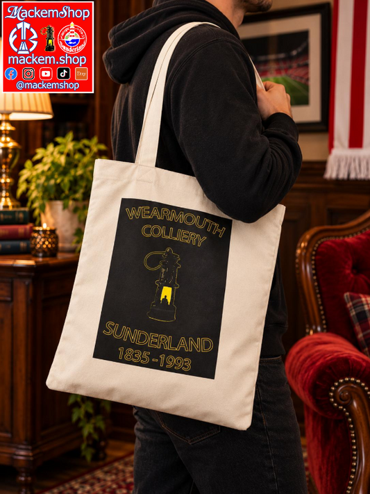 A tote bag with Wearmouth Colliery Sunderland 1835- 1993 and a lamp inside a patchwork, with MackemShop Logo.