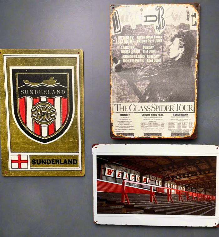 Three vintage-style metal signs on a gray wall, featuring sports-related graphics and text.