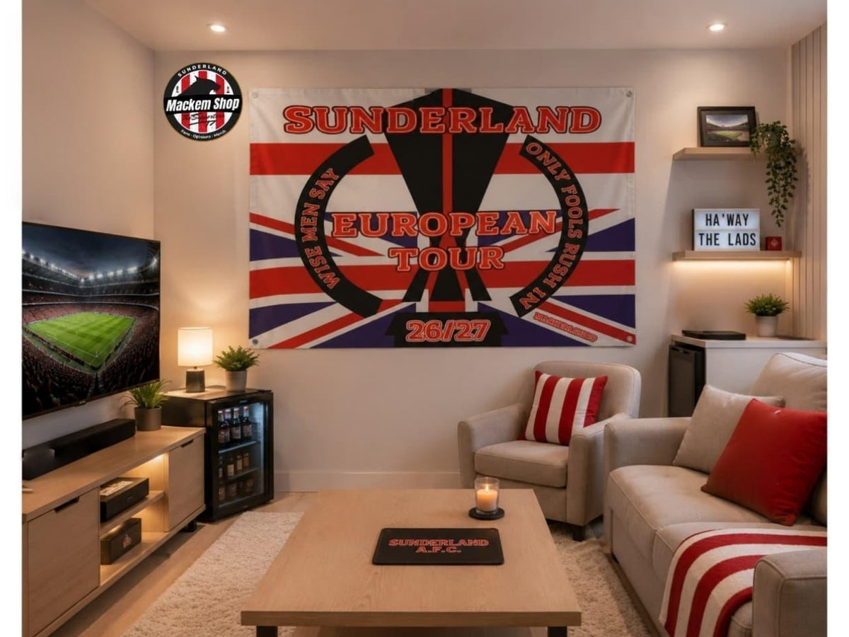 A Sunderland European Tour 2024/25 sports flag displayed in a modern living room setting. The flag features the text 'SUNDERLAND EUROPEAN TOUR 2024/25', and a stylized Union Jack flag design.