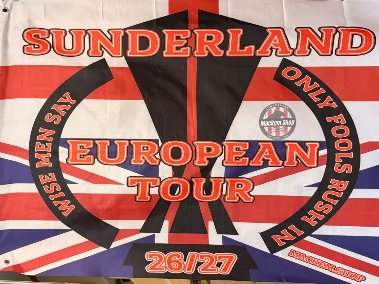 Flag with 'Sunderland European Tour' text and Union Jack design