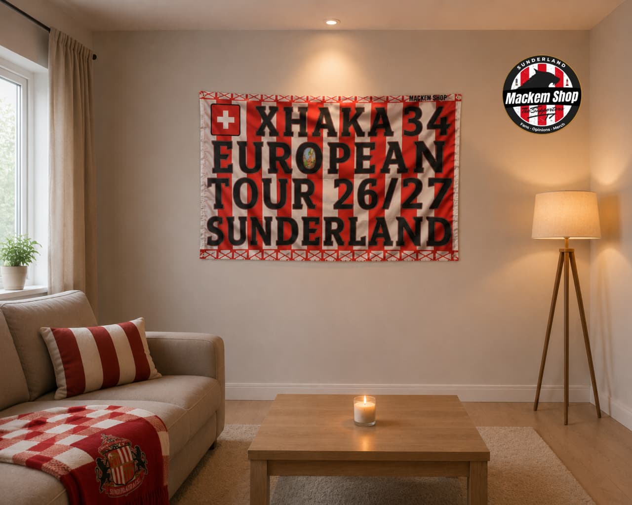 Living room with a large banner on the wall featuring text and a logo.