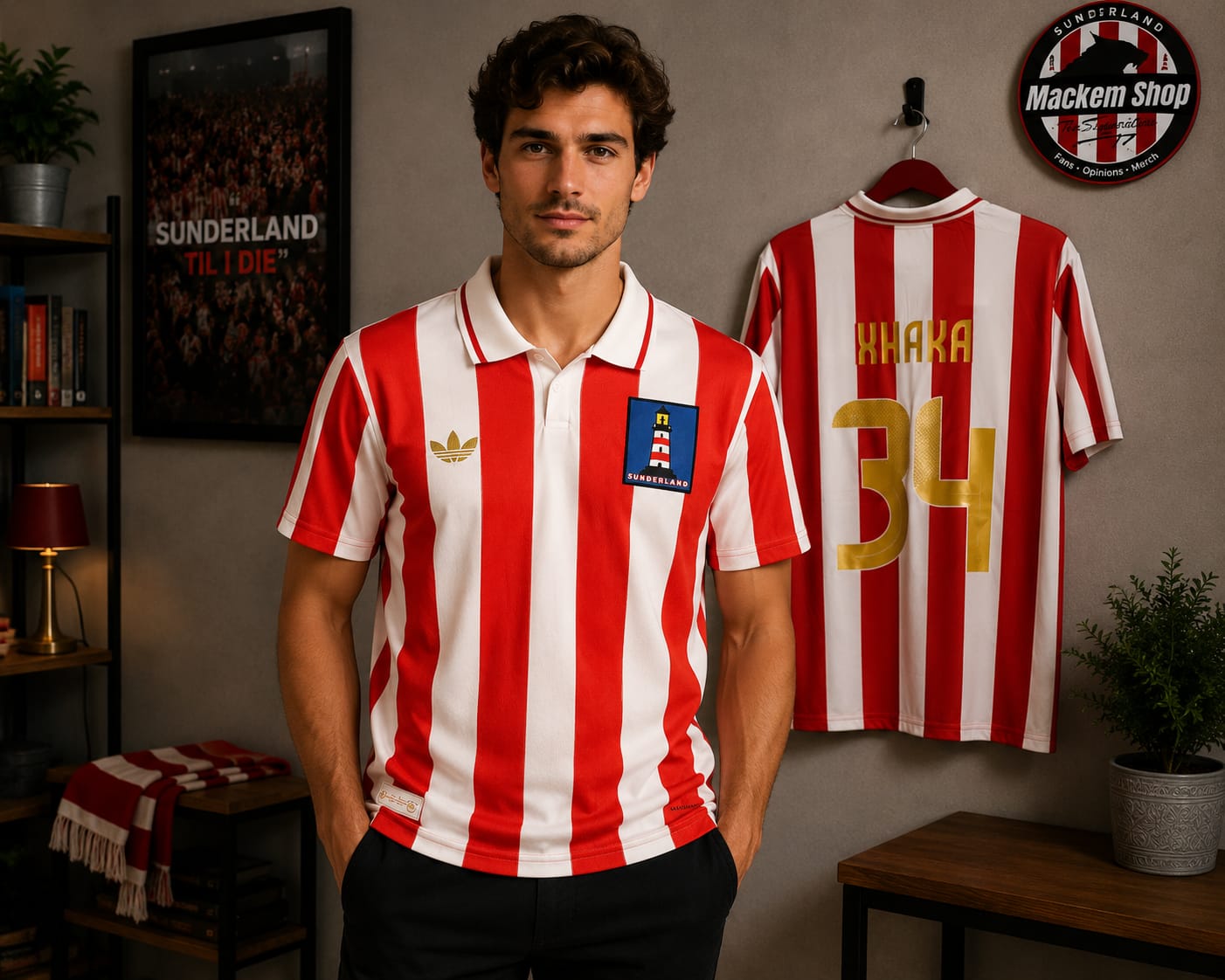 Red and white striped polo of Xhaka in Gold detailing with Adidas and Sunderland Lighthouse logo by mackem shop