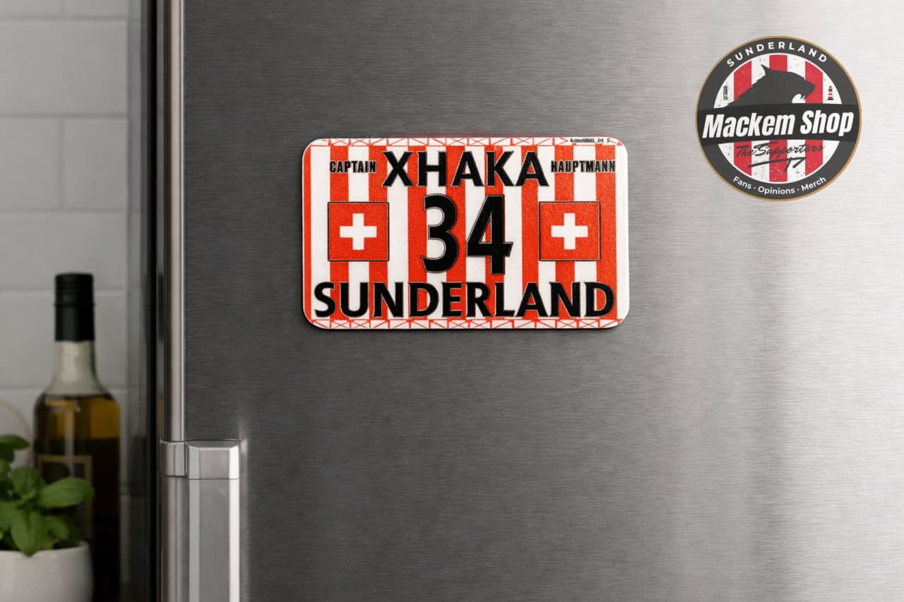 Fridge magnet by Mackem Shop with red and white striped design, number 34, and text on a metallic surface.