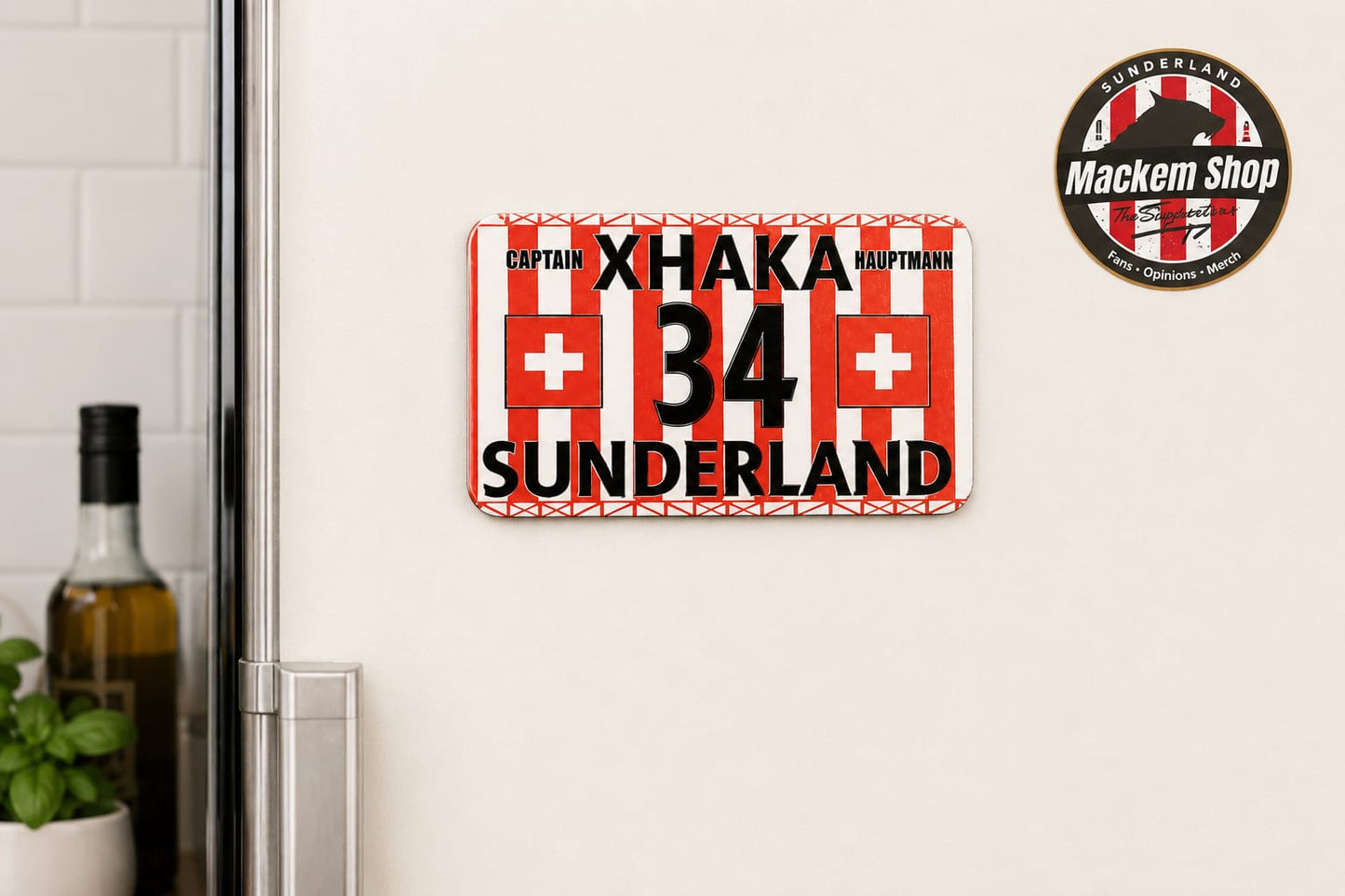 Fridge magnet with Swiss flag design and Xhaka 34 Sunderland text on a Fridge,