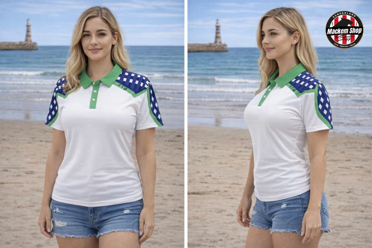 Woman wearing a white polo shirt with green and blue accents on a beach.