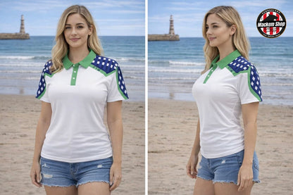Woman wearing a white polo shirt with green and blue accents on a beach.