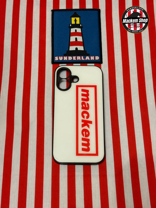 Phone case with 'mackem' branding and a lighthouse design on a red and white striped background.