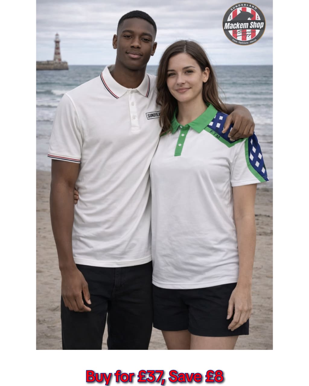 Two people wearing white polo shirts with brand logos on a beach.