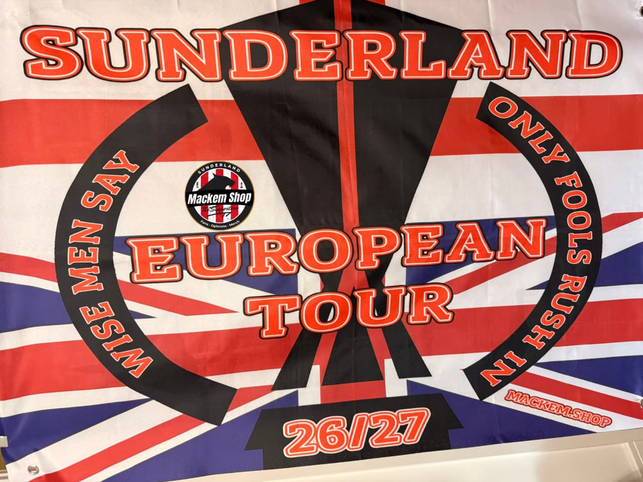 Flag with Sunderland text and Union Jack design, featuring a Mackem Shop logo.