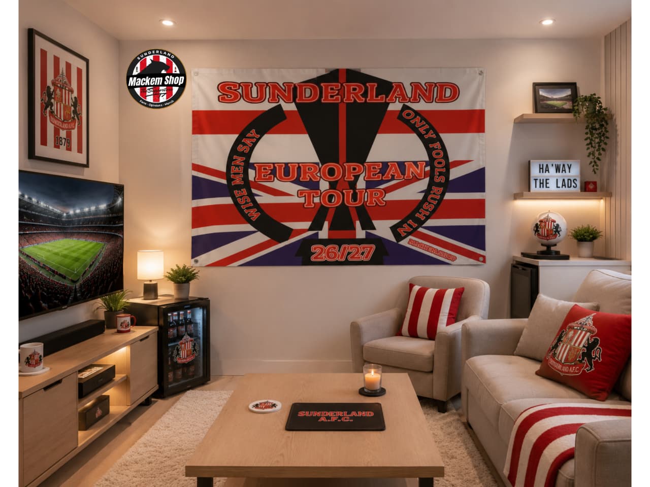 Living room with Sunderland European Tour flag on the wall