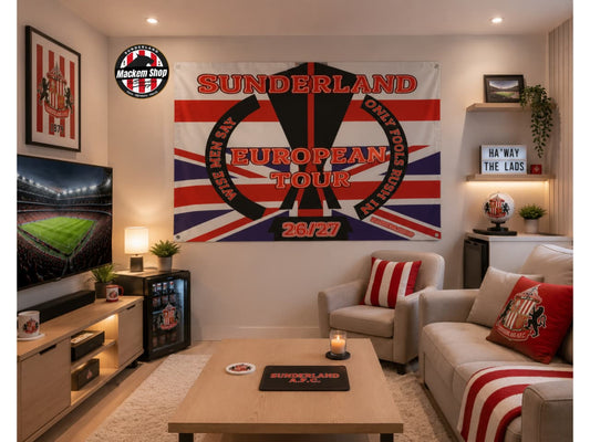 Living room with Sunderland European Tour flag on the wall